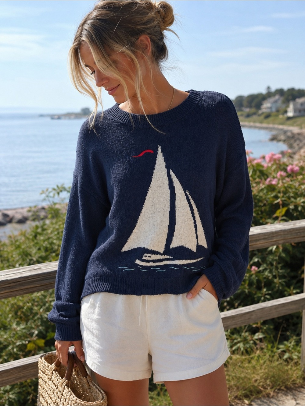 NWOT Boutique Marled Sailboat Graphic Pullover Sweater Size M Navy Blue